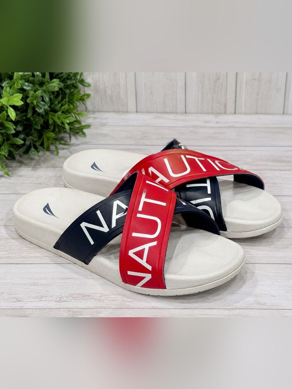 Nautica Red Blue Logo Slide Sandals Size 9 EUC